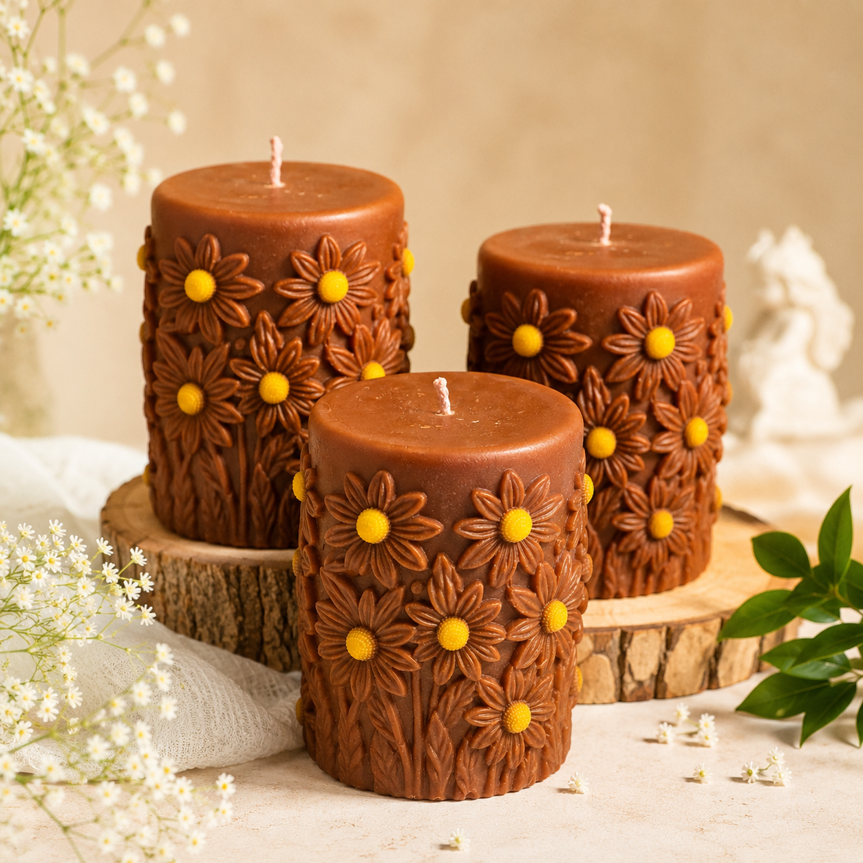 Handcrafted Floral Pillar Candle – Decorative Soy Wax Candle for Home Décor & Gifting