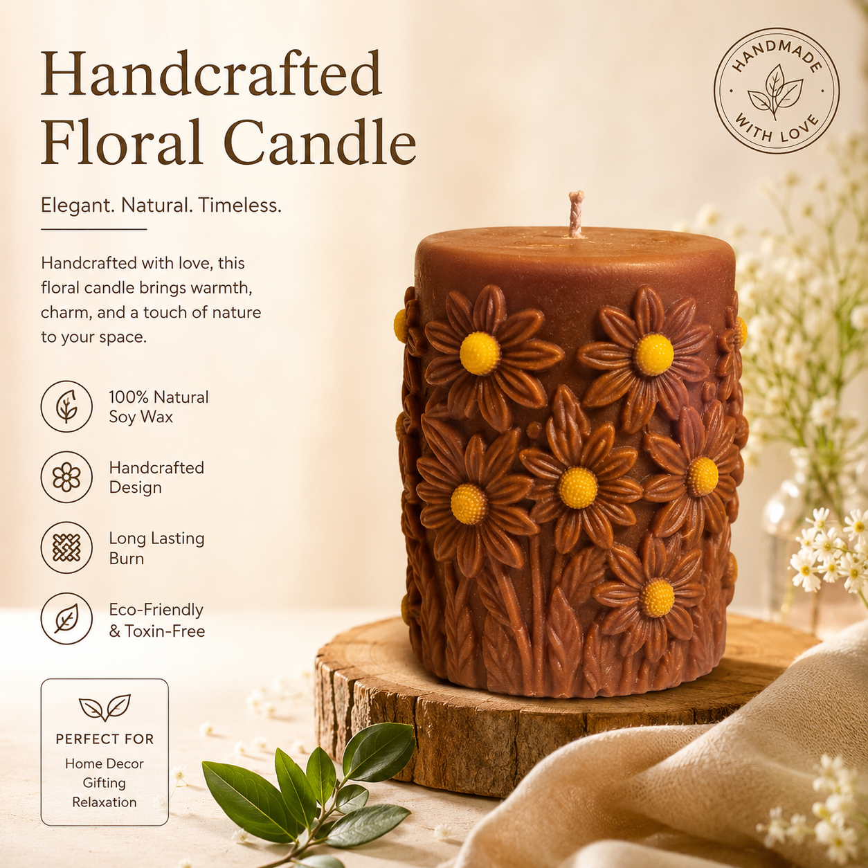 Handcrafted Floral Pillar Candle – Decorative Soy Wax Candle for Home Décor & Gifting